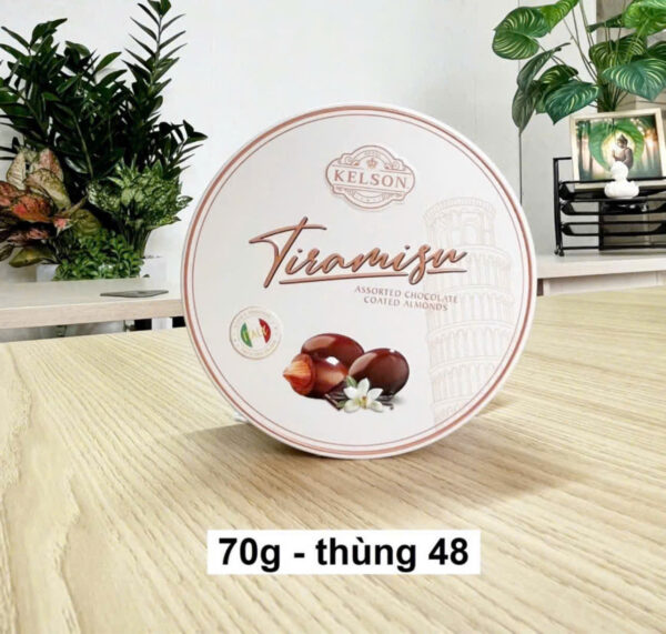 Socola bọc hạnh nhân Ý Kelson Tiramisu (Hộp thiếc tròn 70gr)