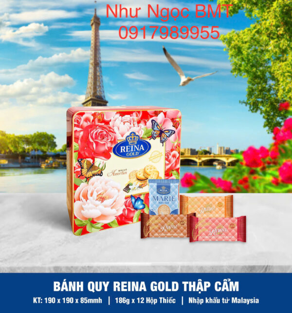 Bánh quy hỗn hợp Reina Gold (Hộp thiếc vuông hoa 186gr)