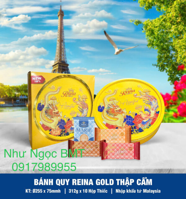 Bánh quy hỗn hợp Reina Gold (Hộp thiếc tròn rồng 312gr)