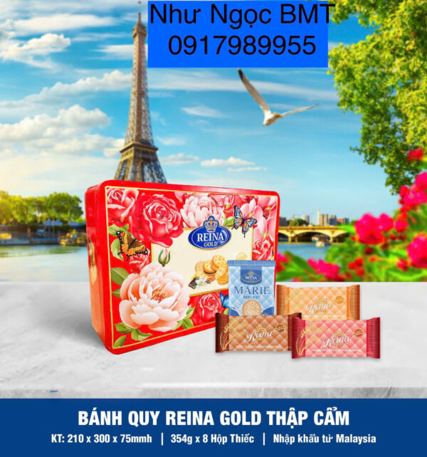 Bánh quy hỗn hợp Reina Gold (Hộp thiếc chữ nhật hoa/rồng 354gr) - Hình ảnh 2