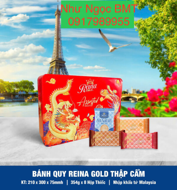 Bánh quy hỗn hợp Reina Gold (Hộp thiếc chữ nhật hoa/rồng 354gr)