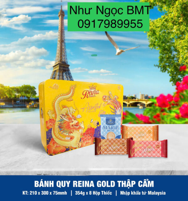 Bánh quy hỗn hợp Reina Gold (Hộp thiếc chữ nhật hoa/rồng 354gr) - Hình ảnh 5