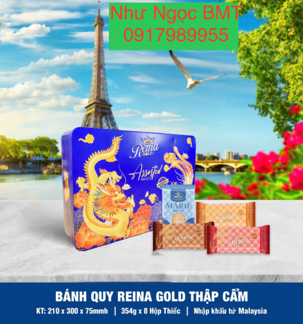 Bánh quy hỗn hợp Reina Gold (Hộp thiếc chữ nhật hoa/rồng 354gr) - Hình ảnh 3