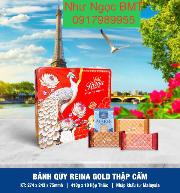 Bánh quy hỗn hợp Reina Gold (Hộp thiếc chữ nhật hoa/công/rồng 410gr) - Hình ảnh 5