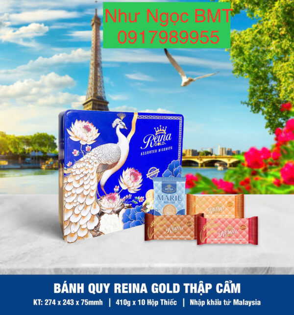 Bánh quy hỗn hợp Reina Gold (Hộp thiếc chữ nhật hoa/công/rồng 410gr) - Hình ảnh 2