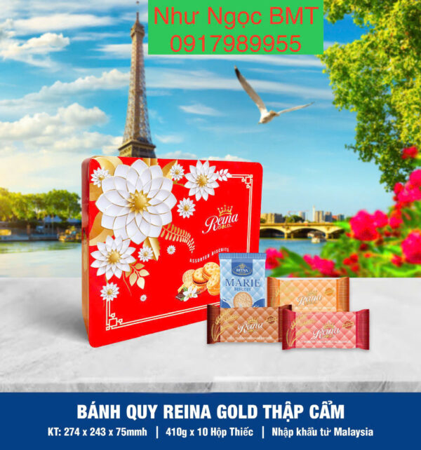 Bánh quy hỗn hợp Reina Gold (Hộp thiếc chữ nhật hoa/công/rồng 410gr) - Hình ảnh 4