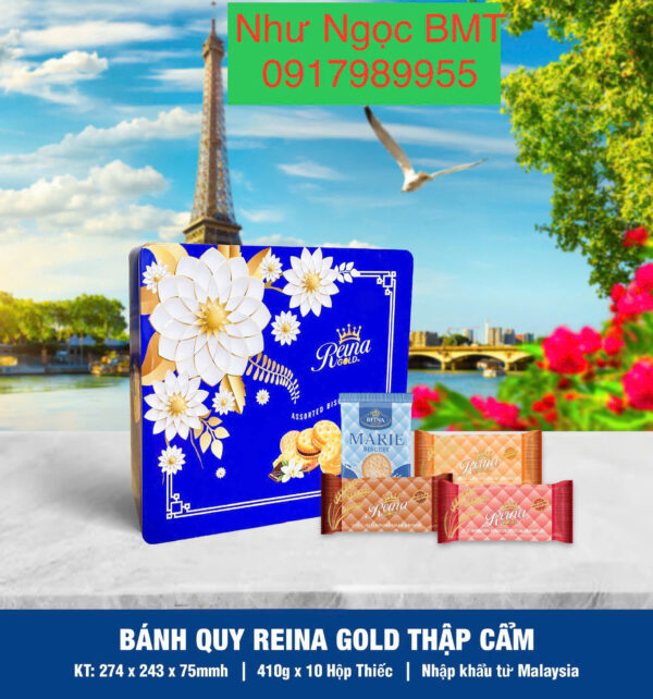 Bánh quy hỗn hợp Reina Gold (Hộp thiếc chữ nhật hoa/công/rồng 410gr)