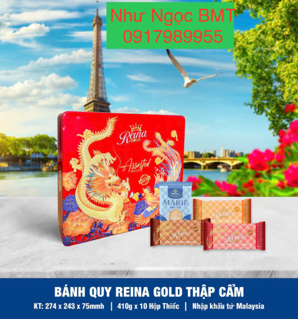 Bánh quy hỗn hợp Reina Gold (Hộp thiếc chữ nhật hoa/công/rồng 410gr) - Hình ảnh 6