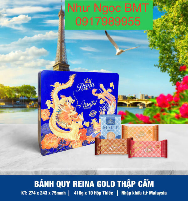 Bánh quy hỗn hợp Reina Gold (Hộp thiếc chữ nhật hoa/công/rồng 410gr) - Hình ảnh 3
