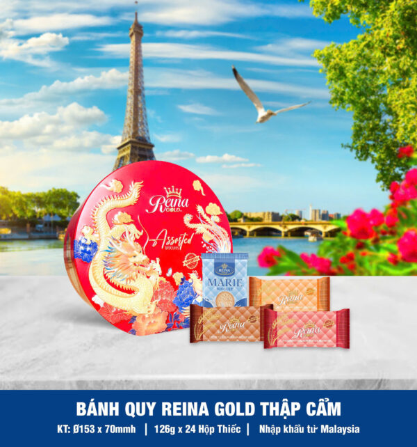Bánh quy hỗn hợp Reina Gold (Hộp thiếc tròn hoa/công/rồng 126gr) - Hình ảnh 4