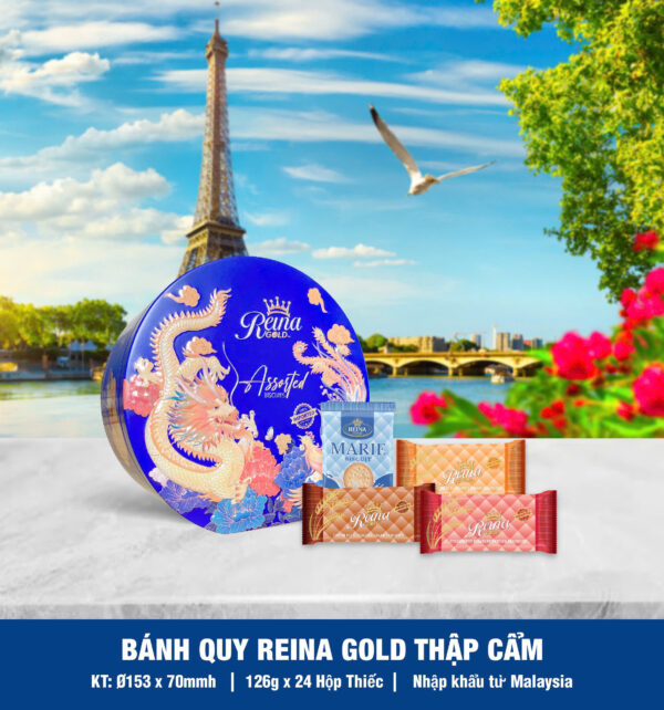 Bánh quy hỗn hợp Reina Gold (Hộp thiếc tròn hoa/công/rồng 126gr) - Hình ảnh 8
