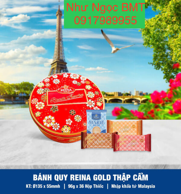 Bánh quy hỗn hợp Reina Gold (Hộp thiếc tròn hoa 96gr)