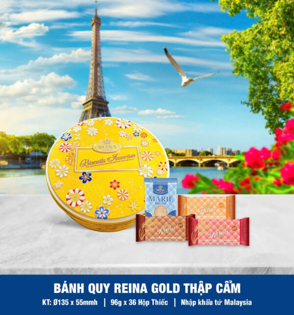Bánh quy hỗn hợp Reina Gold (Hộp thiếc tròn hoa 96gr) - Hình ảnh 2