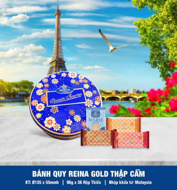 Bánh quy hỗn hợp Reina Gold (Hộp thiếc tròn hoa 96gr) - Hình ảnh 3