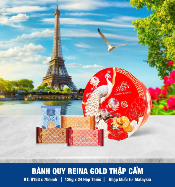 Bánh quy hỗn hợp Reina Gold (Hộp thiếc tròn hoa/công/rồng 126gr) - Hình ảnh 3
