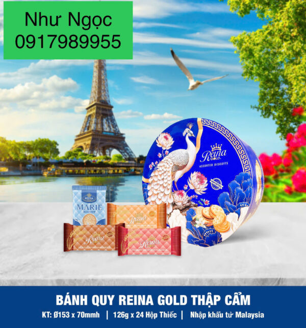 Bánh quy hỗn hợp Reina Gold (Hộp thiếc tròn hoa/công/rồng 126gr) - Hình ảnh 7
