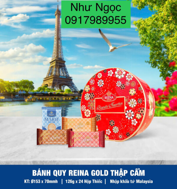Bánh quy hỗn hợp Reina Gold (Hộp thiếc tròn hoa/công/rồng 126gr)