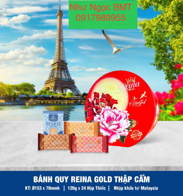 Bánh quy hỗn hợp Reina Gold (Hộp thiếc tròn hoa/công/rồng 126gr) - Hình ảnh 2